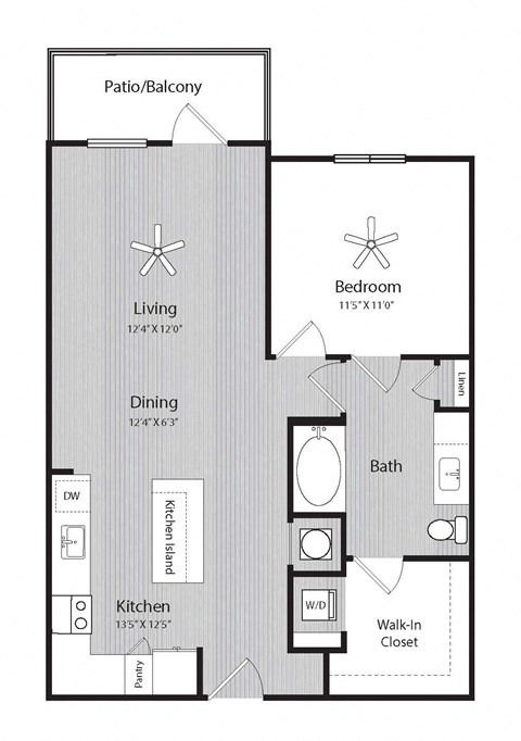 Floor plan for 1 bed, 1 bath, 818 sqft