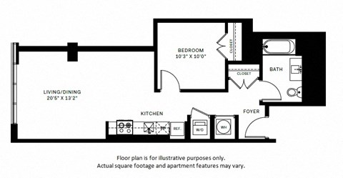 Floor plan for 1 bed, 1 bath, 649 sqft