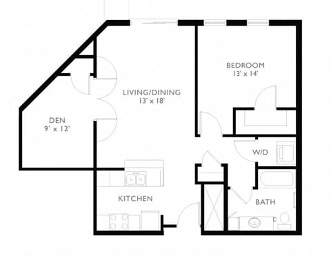 Floor plan for 1 bed, 1 bath, 935 sqft
