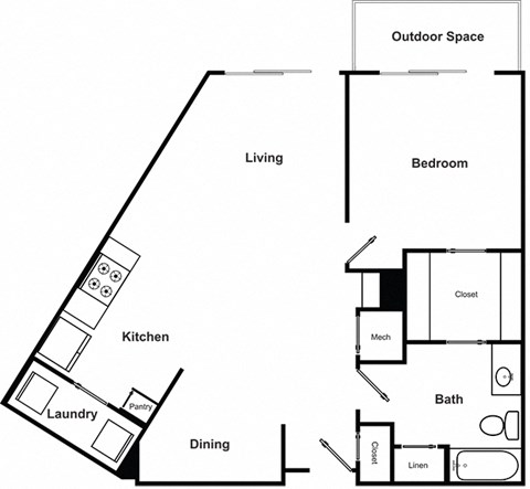 Floor plan for 1 bed, 1 bath, 880 sqft
