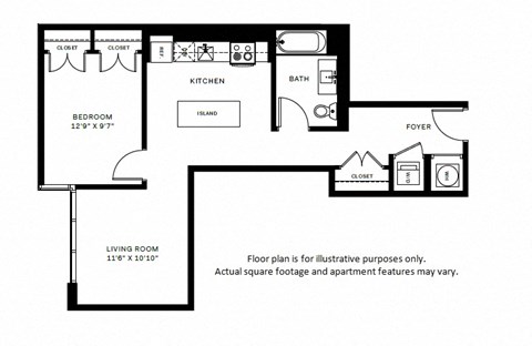 Floor plan for 1 bed, 1 bath, 676 sqft