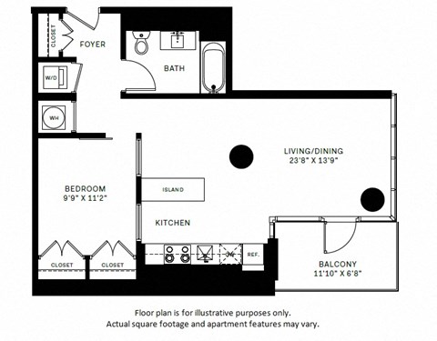 Floor plan for 1 bed, 1 bath, 691 sqft