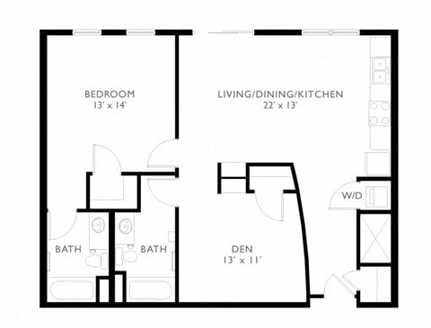 Floor plan for 1 bed, 2 baths, 993 sqft