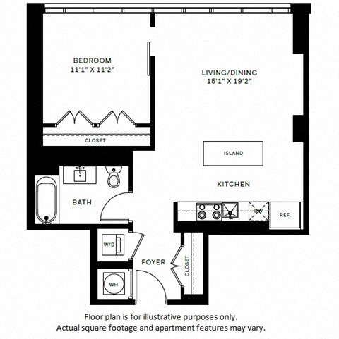 Floor plan for 1 bed, 1 bath, 705 sqft