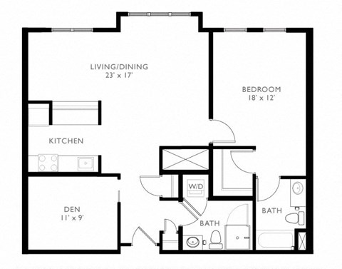Floor plan for 1 bed, 2 baths, 980 sqft