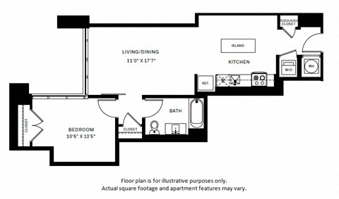 Floor plan for 1 bed, 1 bath, 733 sqft