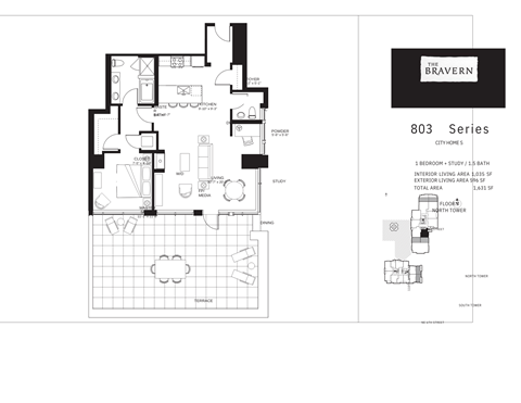 Floor plan for 1 bed, 1.5 baths, 1035 sqft
