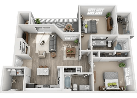 Floor plan for 2 beds, 2 baths, 1196 sqft