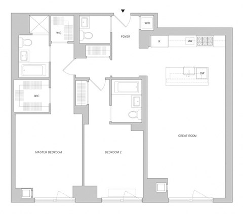 Floor plan for 2 beds, 2.5 baths, 1286 sqft