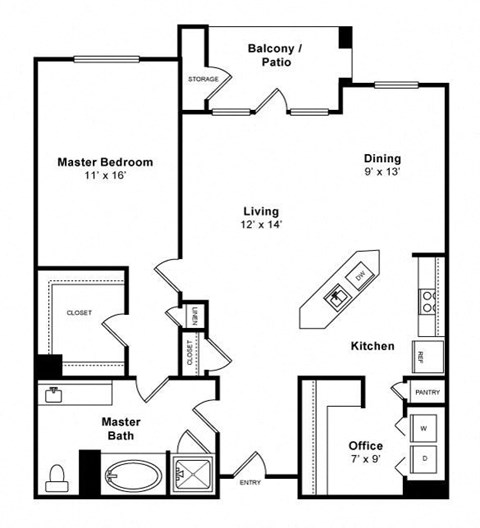 Floor plan for 1 bed, 1 bath, 1120 sqft