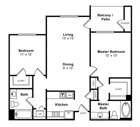 Floor plan for 2 beds, 2 baths, 1202 sqft