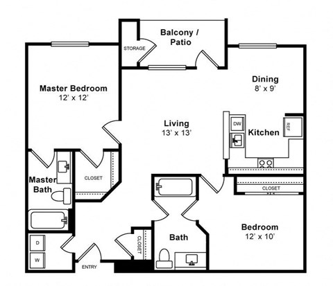Floor plan for 2 beds, 2 baths, 1240 sqft