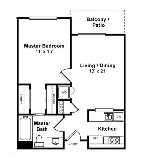 Floor plan for 1 bed, 1 bath, 796 sqft