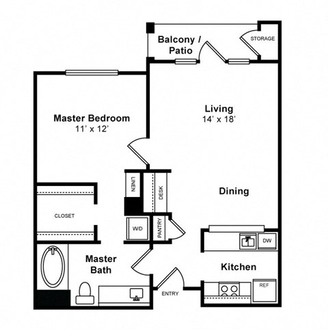 Floor plan for 1 bed, 1 bath, 756 sqft
