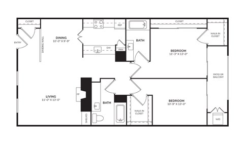 Floor plan for 2 beds, 2 baths, 1280 sqft