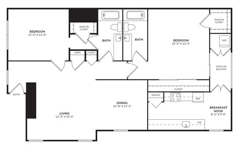 Floor plan for 2 beds, 2 baths, 1341 sqft