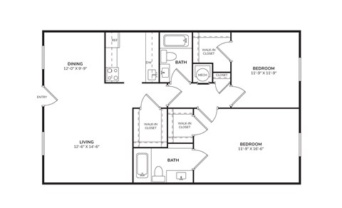 Floor plan for 2 beds, 2 baths, 1027 sqft