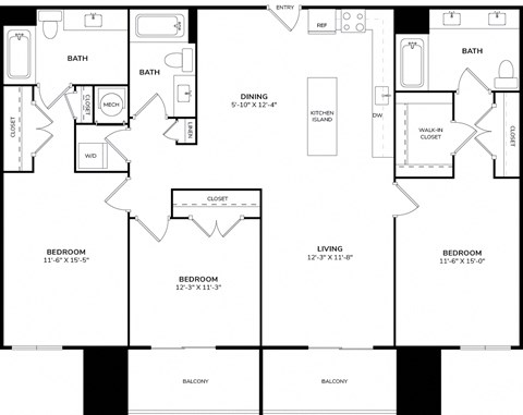 Floor plan for 3 beds, 3 baths, 1637 sqft