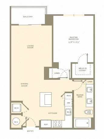 Floor plan for 1 bed, 1 bath, 768 sqft