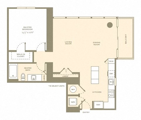 Floor plan for 1 bed, 1 bath, 948 sqft