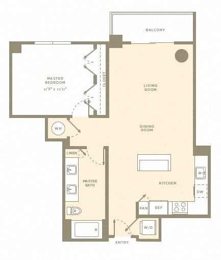 Floor plan for 1 bed, 1 bath, 841 sqft