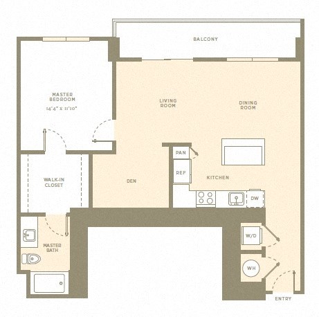 Floor plan for 1 bed, 1 bath, 918 sqft