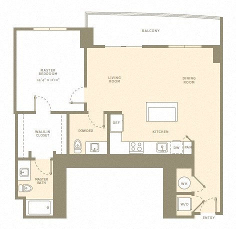 Floor plan for 1 bed, 1.5 baths, 953 sqft