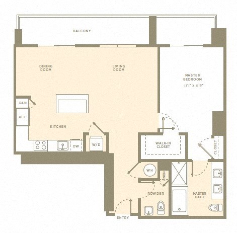 Floor plan for 1 bed, 1.5 baths, 994 sqft