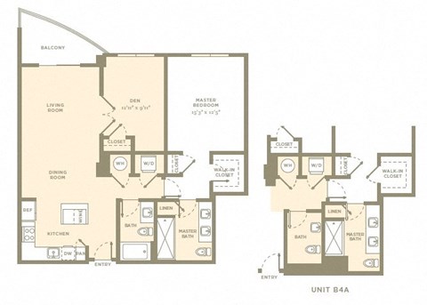 Floor plan for 1 bed, 2 baths, 1164 sqft