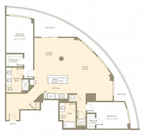 Floor plan for 2 beds, 2 baths, 1542 sqft