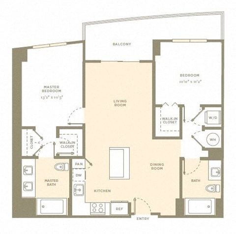 Floor plan for 2 beds, 2 baths, 1031 sqft