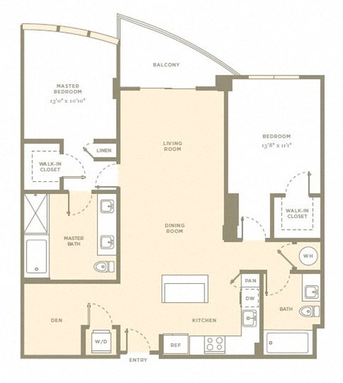 Floor plan for 2 beds, 2 baths, 1295 sqft