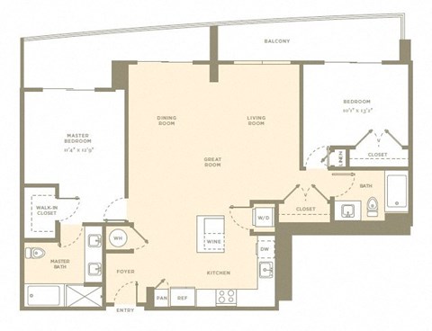 Floor plan for 2 beds, 2 baths, 1300 sqft