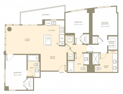 Floor plan for 3 beds, 2 baths, 1434 sqft