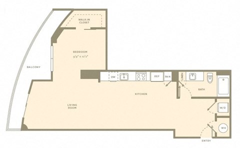 Floor plan for studio, 1 bath, 897 sqft