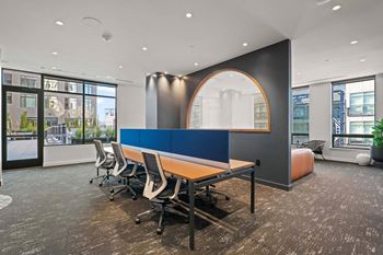 Work lounge and conference room space + private work pods