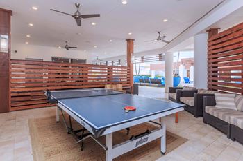 Cabana game room with billiards and shuffleboard