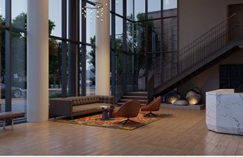 Clean, natural and modern interior design with elegantly designed lobby and leasing lounge