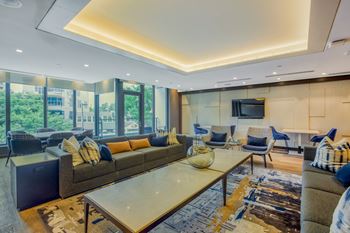 Sophisticated resident lounge with a double-sided fireplace