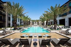 Houston apartment for rent - A large pool surrounded by palm trees and lounge chairs.