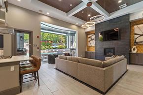 Redmond apartment for rent - A modern living room with a fireplace and a large couch.