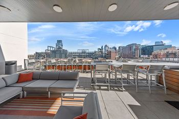 Rooftop deck with views of left field and home plate at coors field