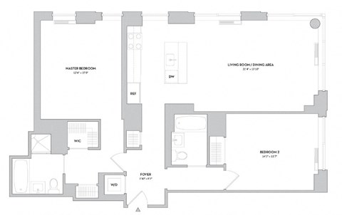 Floor plan for 2 beds, 2 baths, 1227 sqft