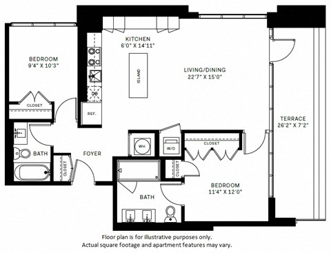 Floor plan for 2 beds, 2 baths, 940 sqft