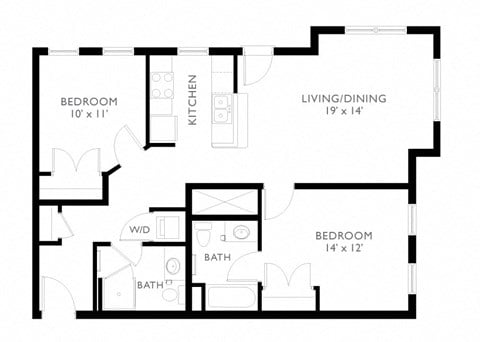 Floor plan for 2 beds, 2 baths, 950 sqft