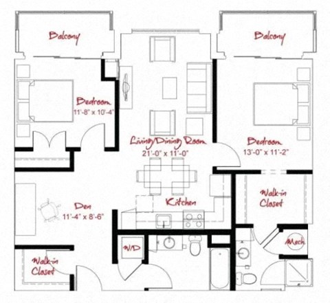 Floor plan for 2 beds, 2 baths, 1035 sqft