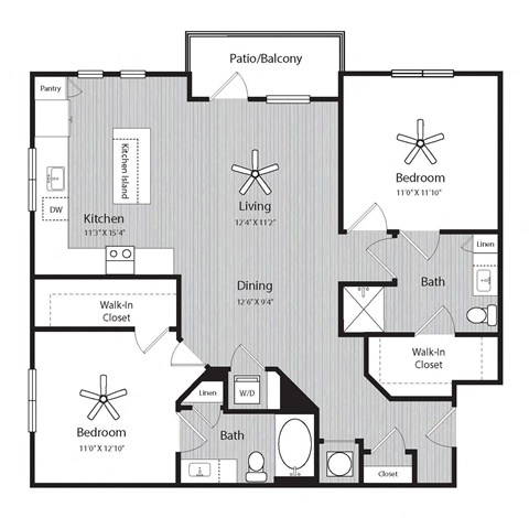 Floor plan for 2 beds, 2 baths, 1184 sqft