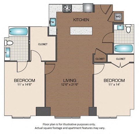 Floor plan for 2 beds, 2 baths, 1053 sqft