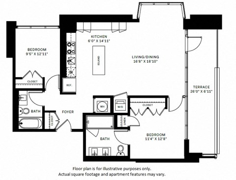 Floor plan for 2 beds, 2 baths, 980 sqft