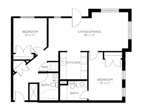 Floor plan for 2 beds, 2 baths, 1000 sqft